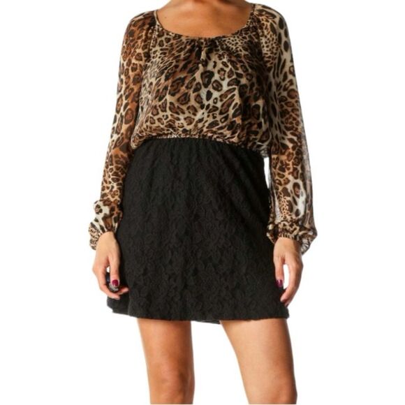 Speechless Black Brown Cheetah Leopard Animal Print Long Sheer Sleeves Lace L - Picture 3 of 10